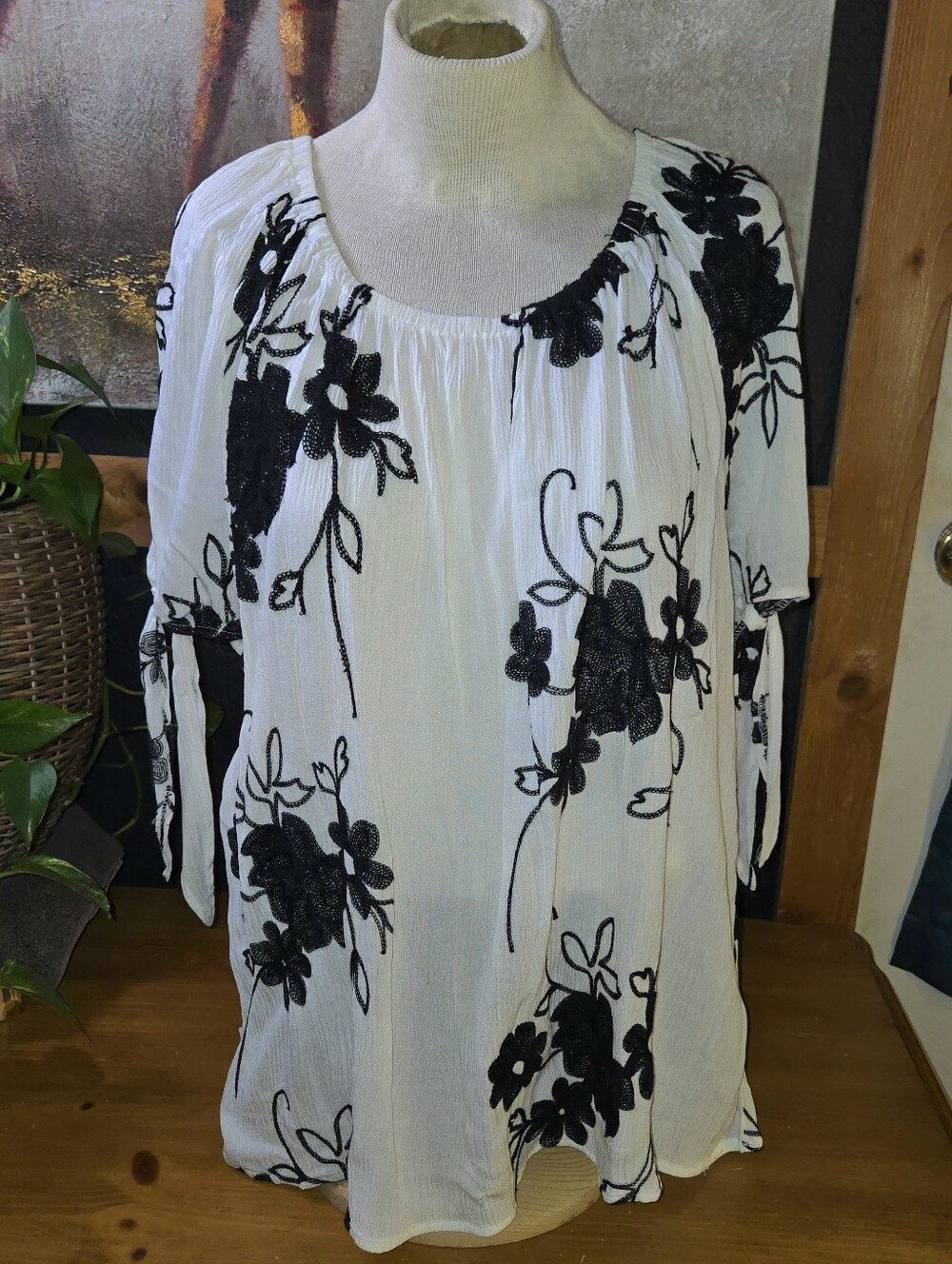 White Tunic Top with Black Floral Embroidery